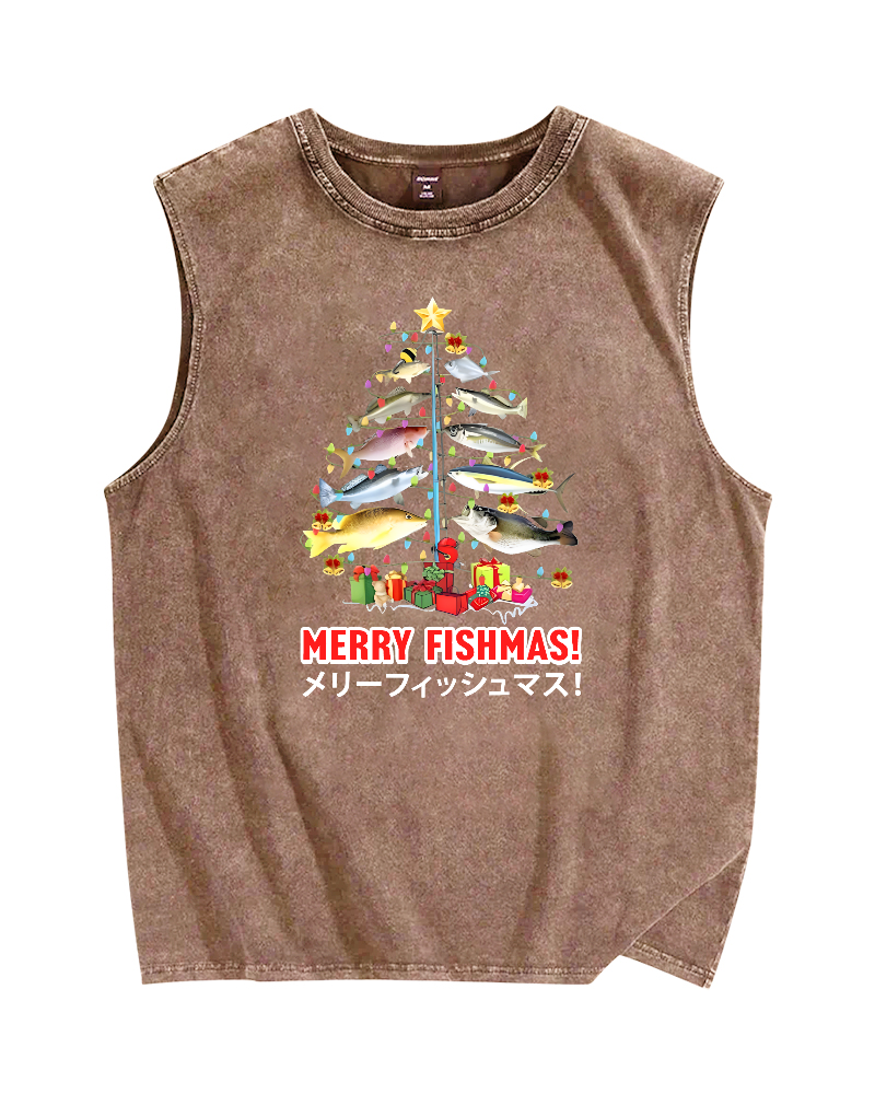 Tokyo-Assassin Christmas Fish Tree Japanese Style Vintage Distressed Washed Tank Top