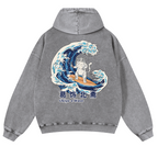 Ukiyoe Wave Cat Vintage Washed Cotton Back Art Hoodie