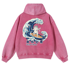 Ukiyoe Wave Cat Vintage Washed Cotton Back Art Hoodie