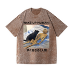 Cat Wake Up Human Vintage Wash Japanese Design T-Shirt