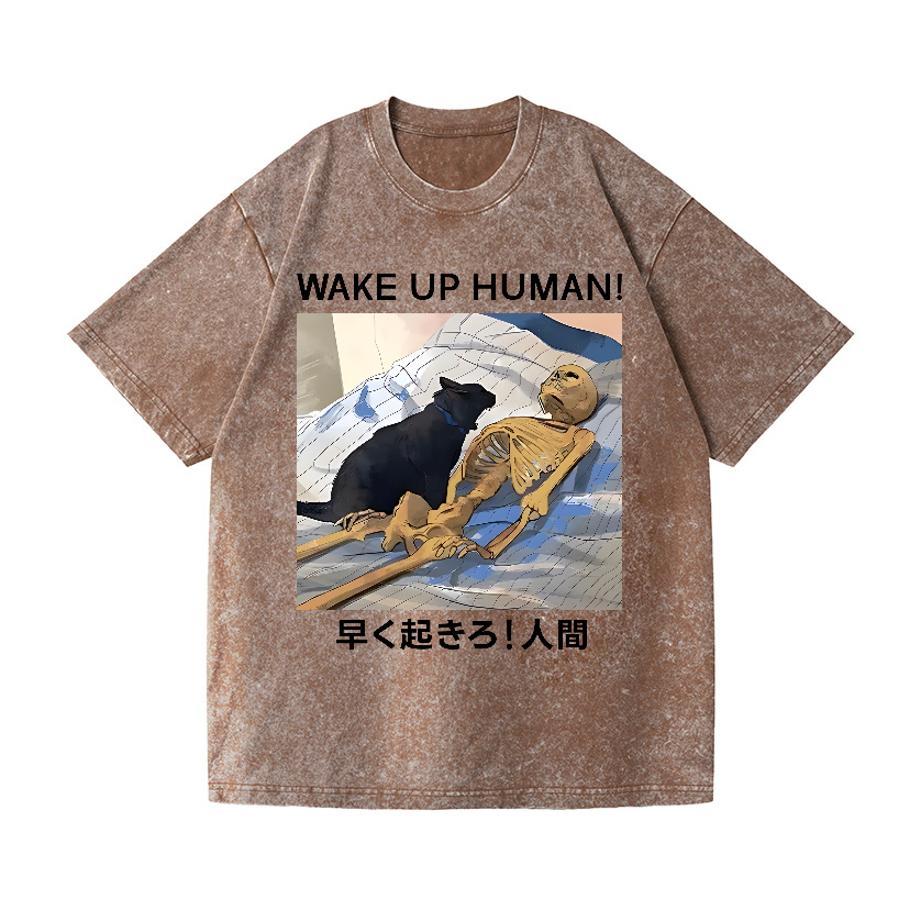 Cat Wake Up Human Vintage Wash Japanese Design T-Shirt