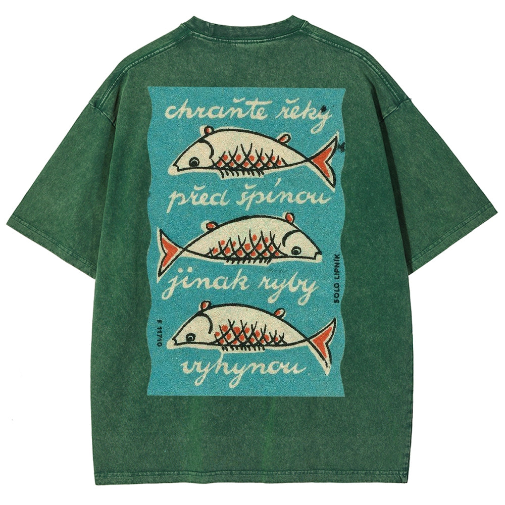 Fishes Pattern Printed Washed Vintage Short Sleeves T-Shirt