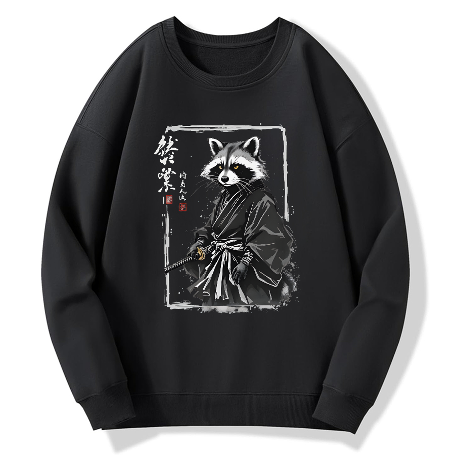 Japanese Raccoon Warrior Art Cotton Pullover Sweatshirt