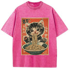 Kawaii Ramen Cat Vintage Japanese Washed T-Shirt