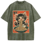 Kawaii Ramen Cat Vintage Japanese Washed T-Shirt