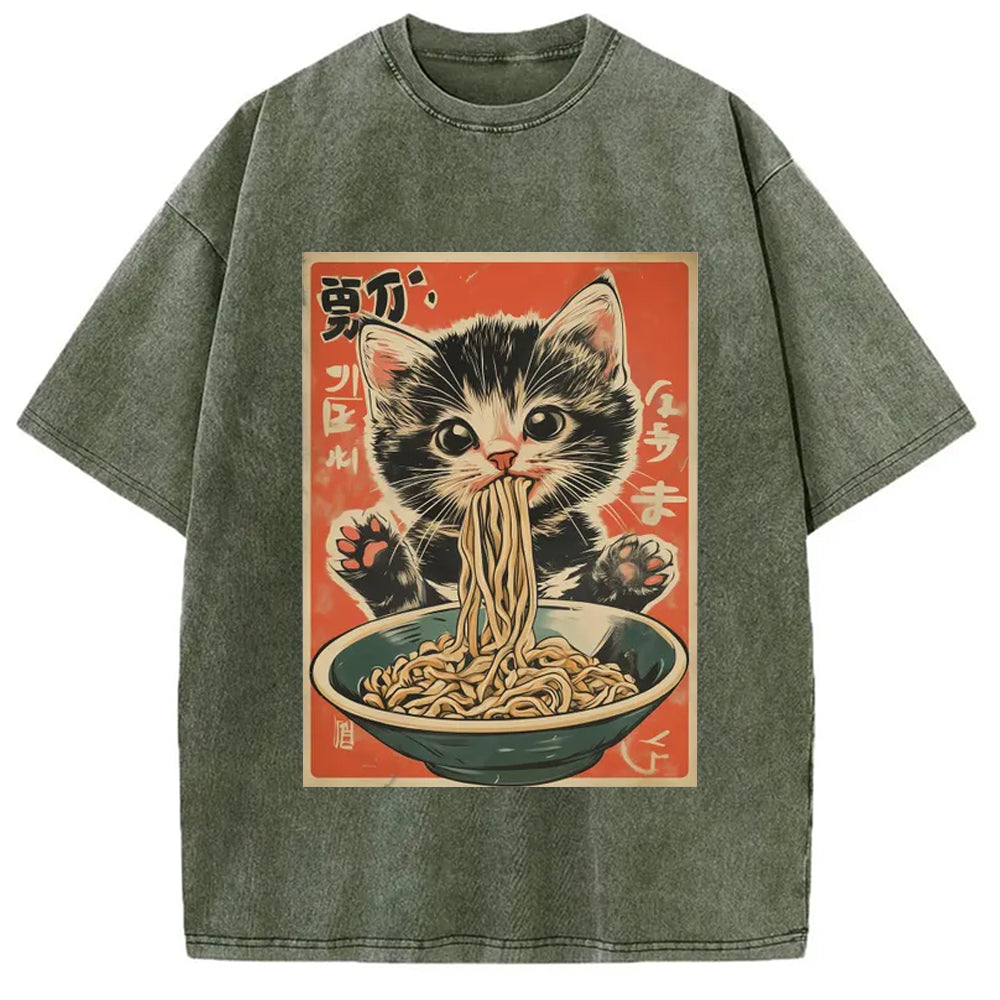 Kawaii Ramen Cat Vintage Japanese Washed T-Shirt