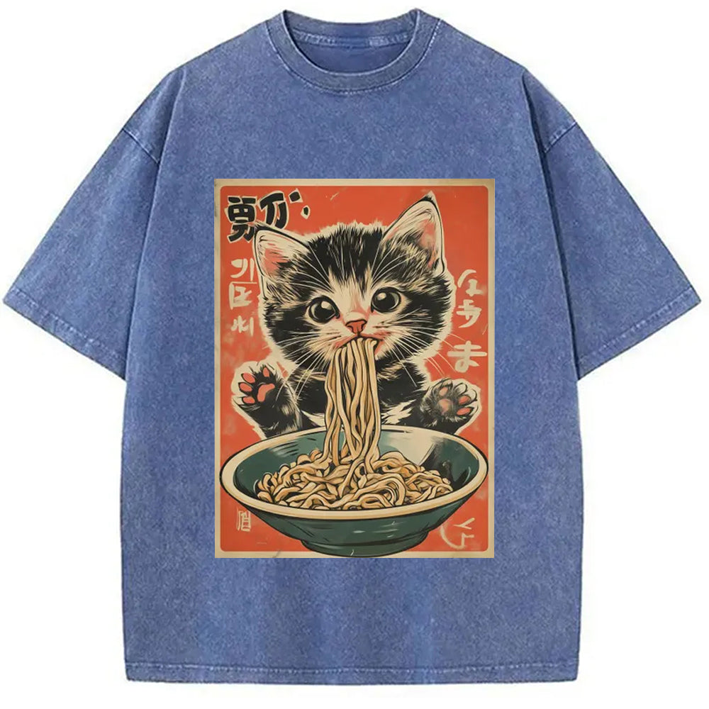 Kawaii Ramen Cat Vintage Japanese Washed T-Shirt