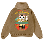 Ramen Lucky Cat Vintage Washed Cotton Back Art Hoodie