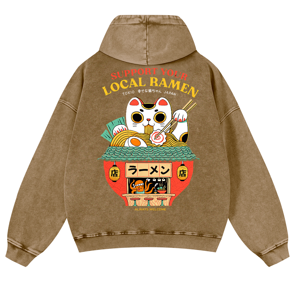 Ramen Lucky Cat Vintage Washed Cotton Back Art Hoodie