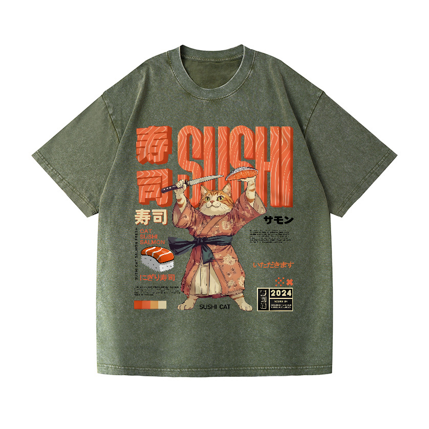 Sushi Cat Salmon Vintage Wash Japanese Design T-Shirt