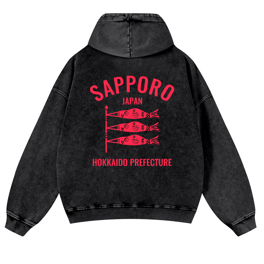 Sapporo Hokkaido Koinobori Vintage Washed Cotton Back Art Hoodie
