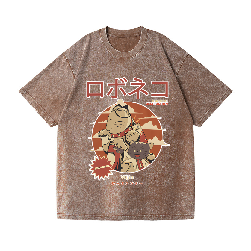 Cat Robot Vintage Wash Japanese Design T-Shirt