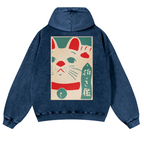 Lucky Cat Vintage Washed Cotton Back Art Hoodie