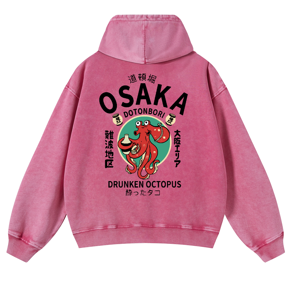 Osaka Dotonbori Drunken Octopus Vintage Washed Cotton Back Art Hoodie