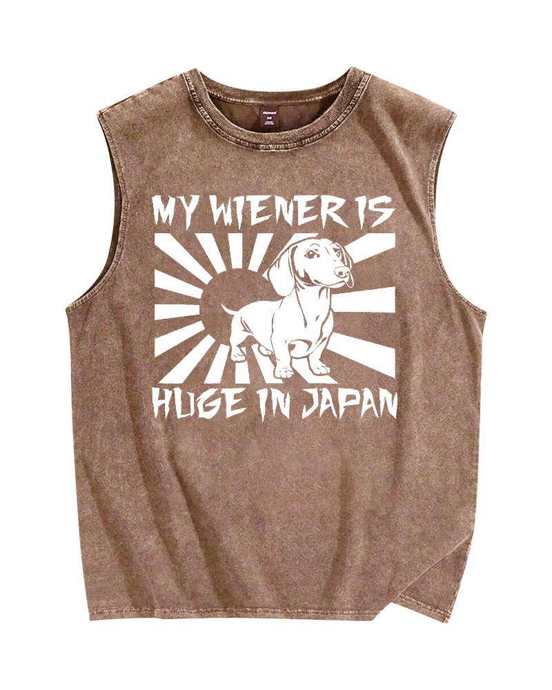 Unisex My Weiner is Huge in Japan Funny Meme Printed Washed Tank Top
