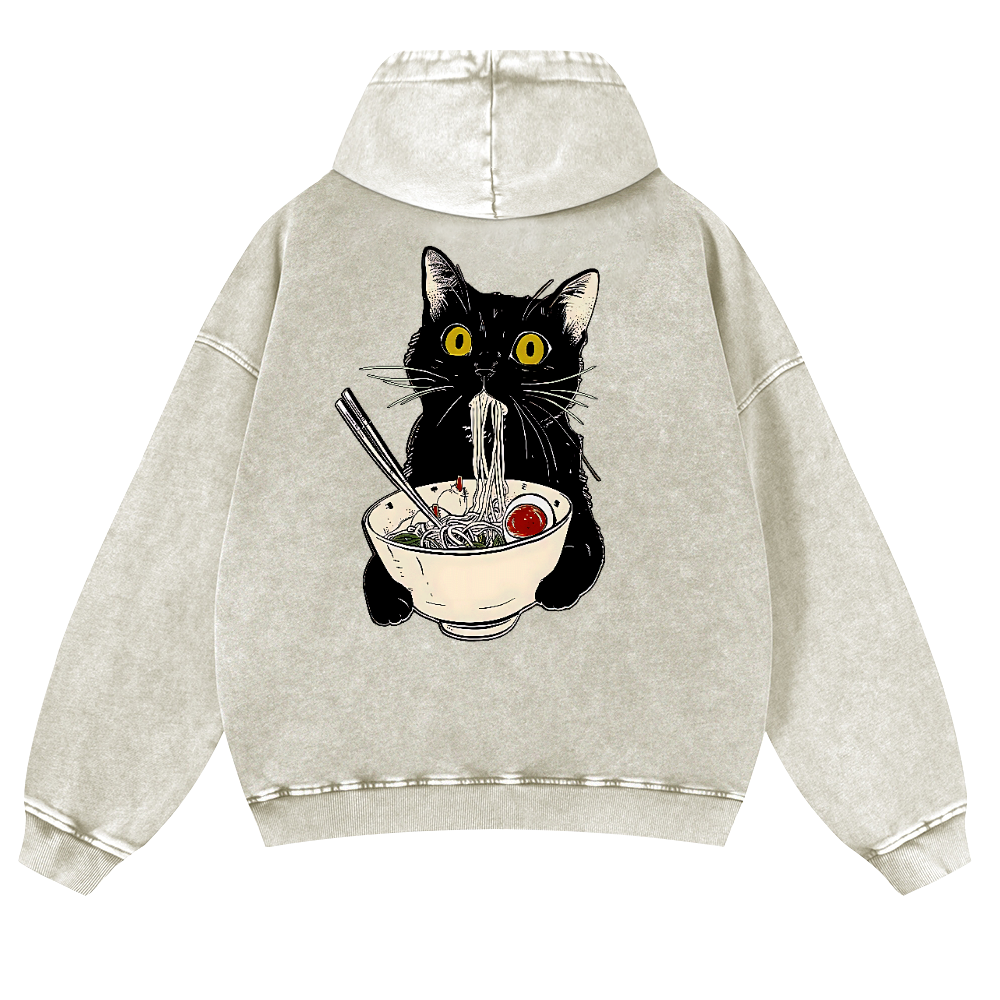 Ramen Cat Vintage Washed Cotton Back Art Hoodie