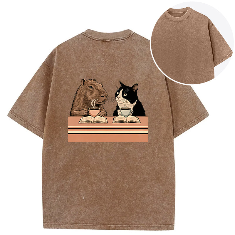 Capybara And Cat Talk Back Washed T-Shirt