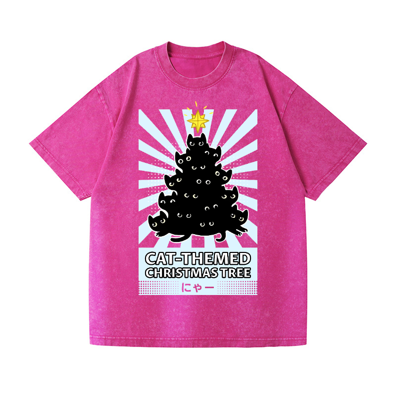 Cat-Themed Christmas Tree Vintage Wash Japanese Design T-Shirt