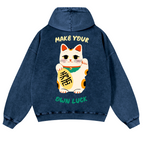 Lucky Cat Vintage Washed Cotton Back Art Hoodie