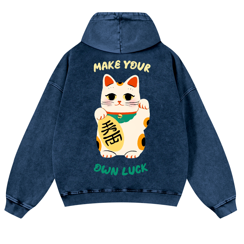 Lucky Cat Vintage Washed Cotton Back Art Hoodie