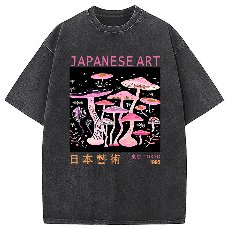 Japanese Art Pink Hallucinogenic Mushrooms Washed T-Shirt