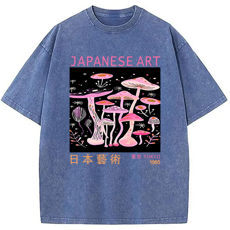 Japanese Art Pink Hallucinogenic Mushrooms Washed T-Shirt