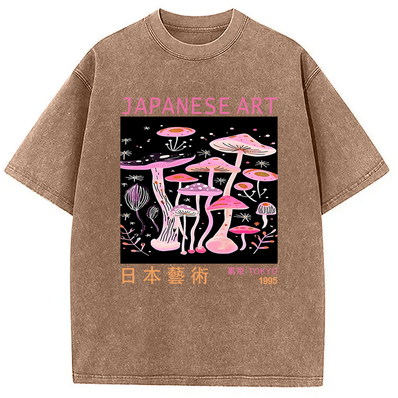 Japanese Art Pink Hallucinogenic Mushrooms Washed T-Shirt