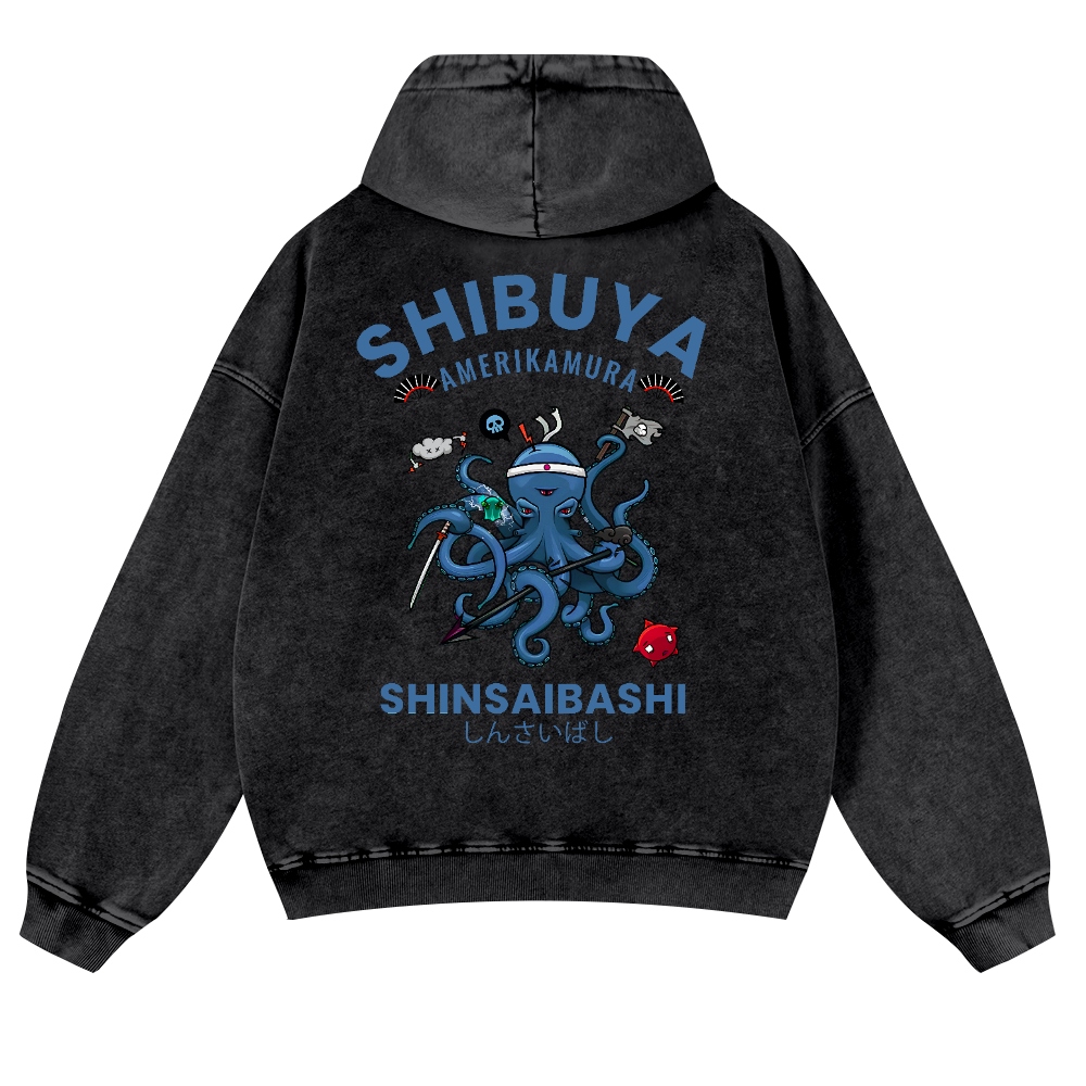 Shibuya Octopus Vintage Washed Cotton Back Art Hoodie
