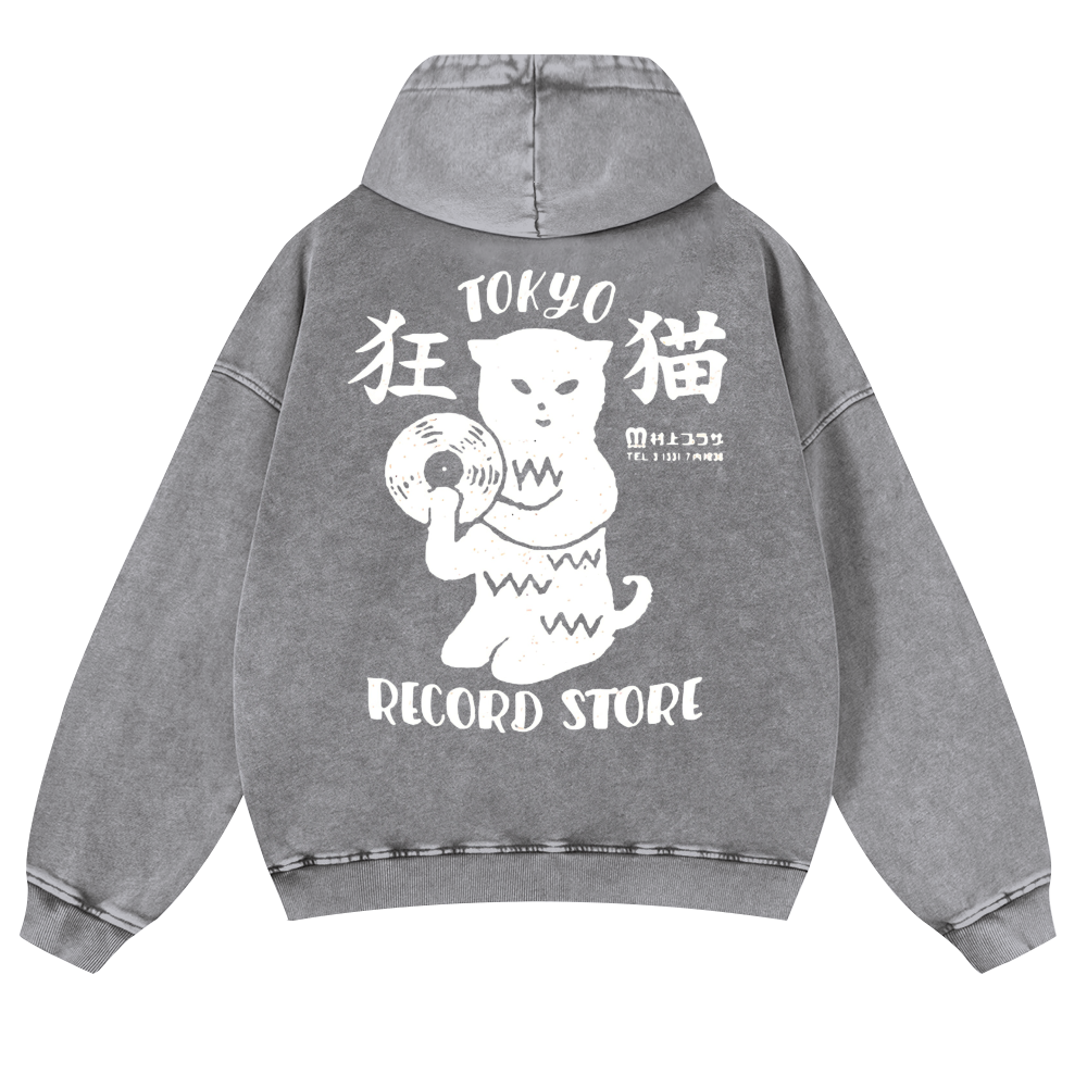 Tokyo Cat Vintage Washed Cotton Back Art Hoodie