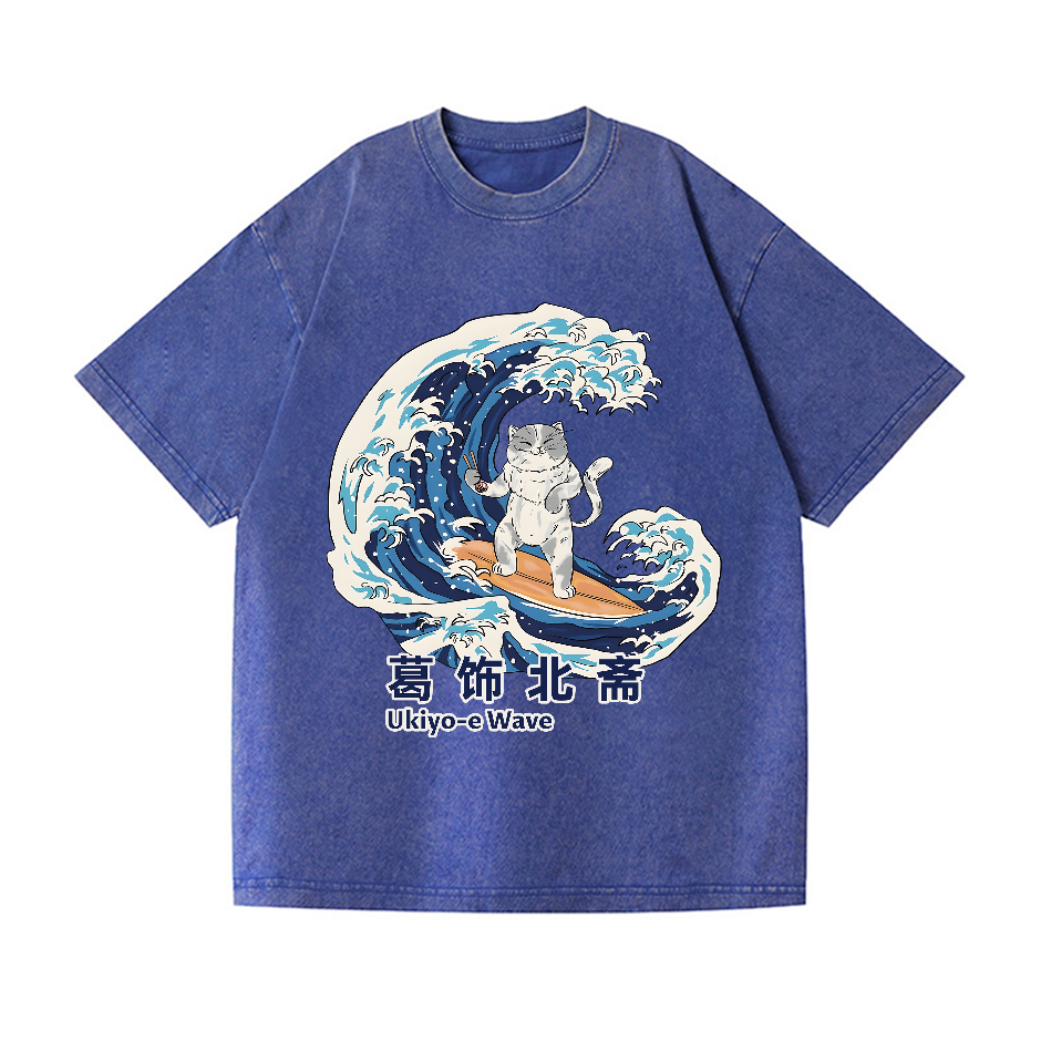 Ukiyoe Wave Cat Vintage Wash Japanese Design T-Shirt