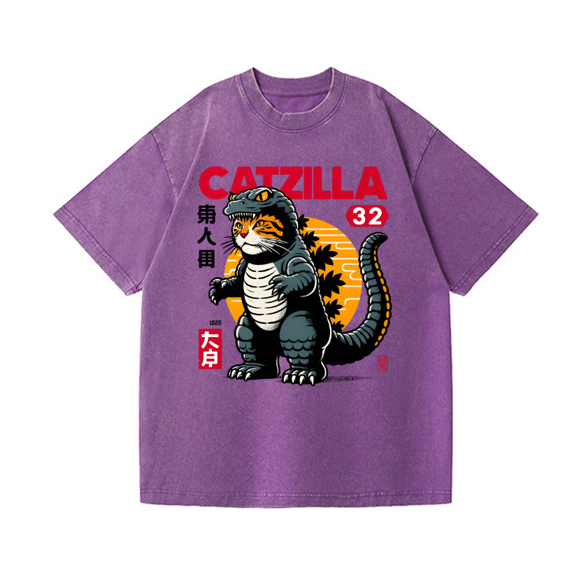 Cat Godzilla Vintage Wash Japanese Design T-Shirt