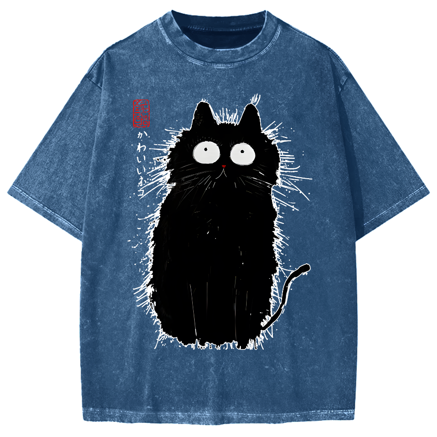 Black Cat With Puffed-Up Fur Vintage Washed T-shirt