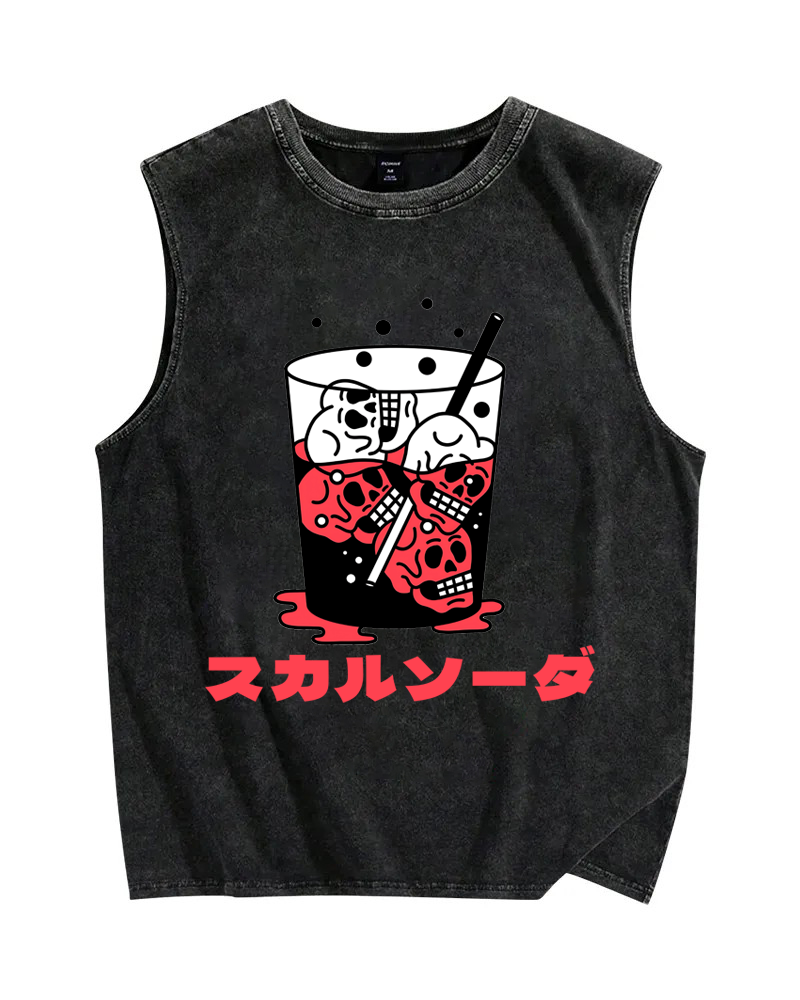 Japanese Skull Drink Printed Christian Snowflake Washed Vest