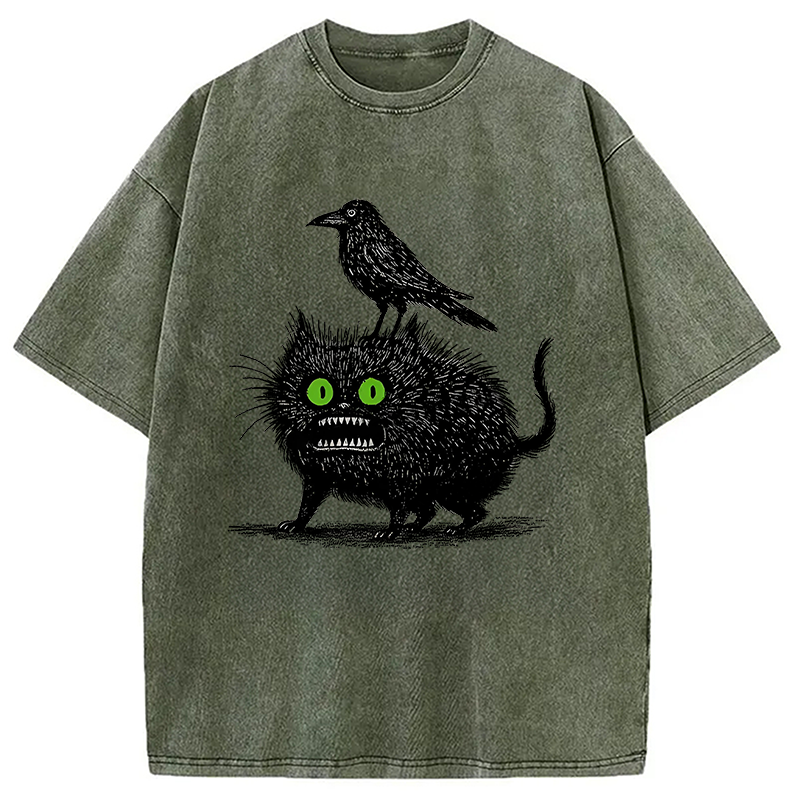 Crow And Black Cat Washed T-Shirt