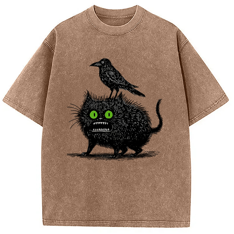 Crow And Black Cat Washed T-Shirt
