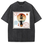 Japanese Cat Stamp Washed T-Shirt
