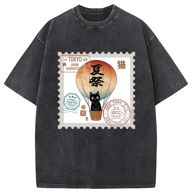Japanese Cat Stamp Washed T-Shirt