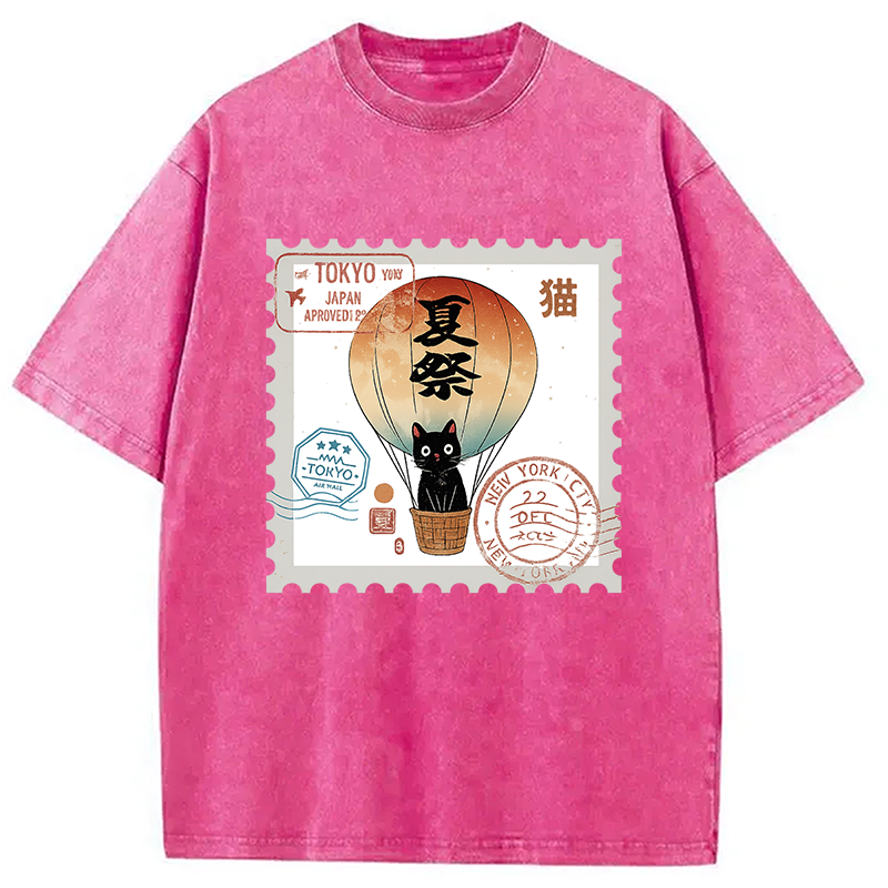 Japanese Cat Stamp Washed T-Shirt