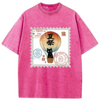 Japanese Cat Stamp Washed T-Shirt