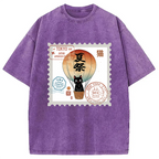 Japanese Cat Stamp Washed T-Shirt