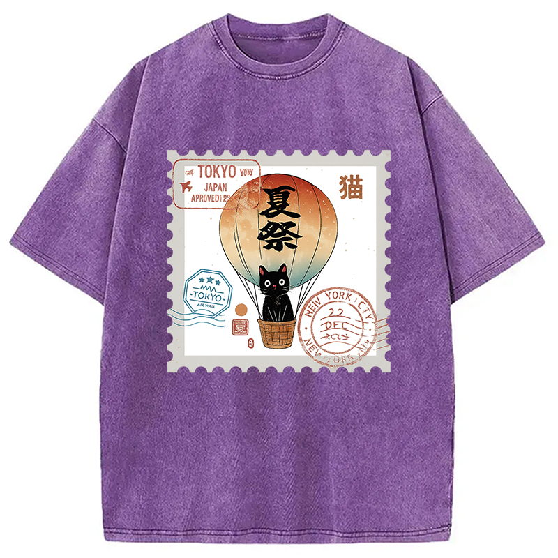 Japanese Cat Stamp Washed T-Shirt