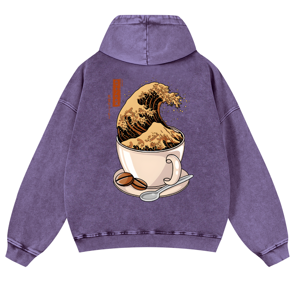 Coffee Wave Vintage Washed Cotton Back Art Hoodie