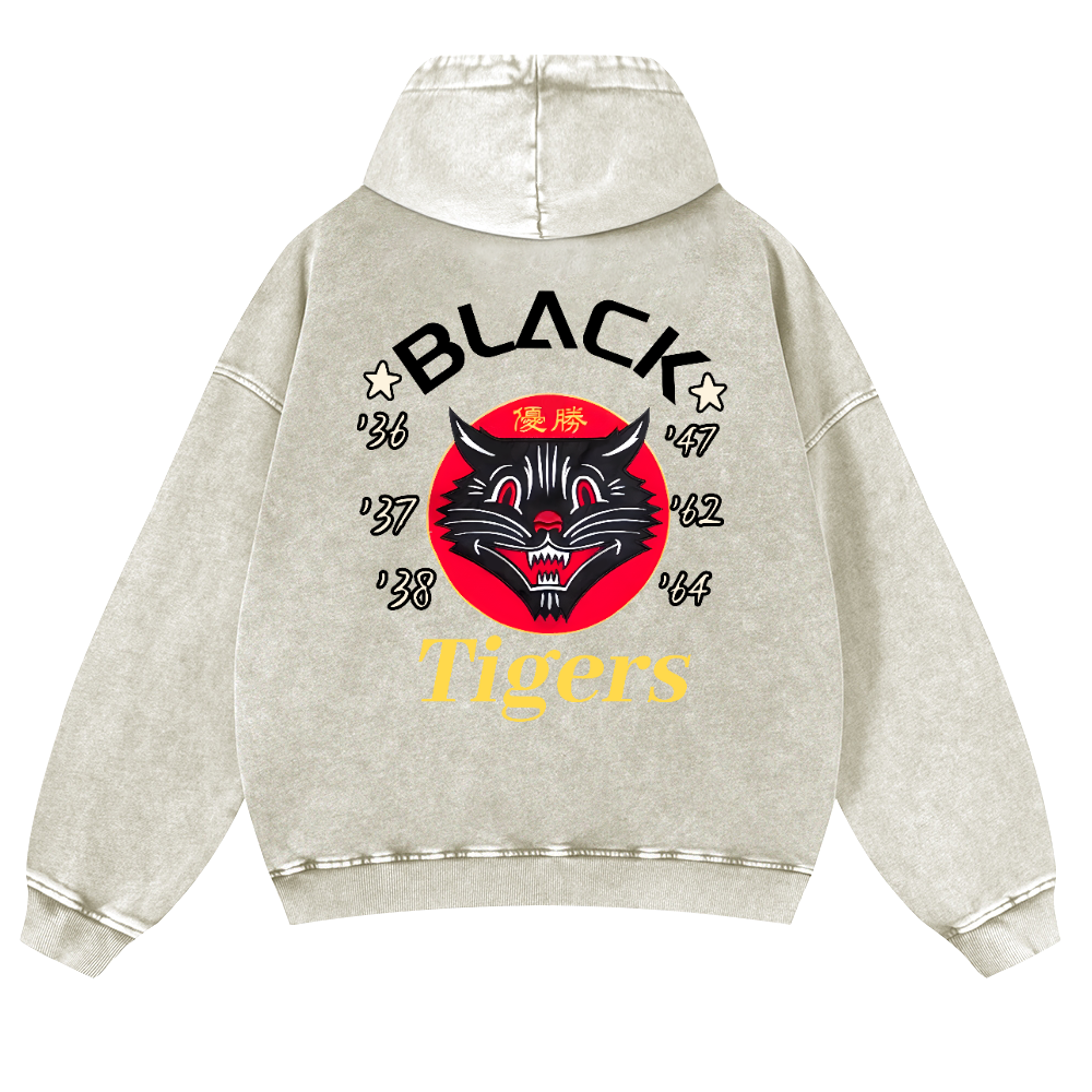 Black Cat Vintage Washed Cotton Back Art Hoodie