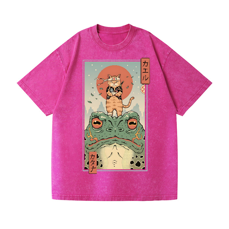 Ninja Cat and Frog Vintage Wash Japanese Design T-Shirt