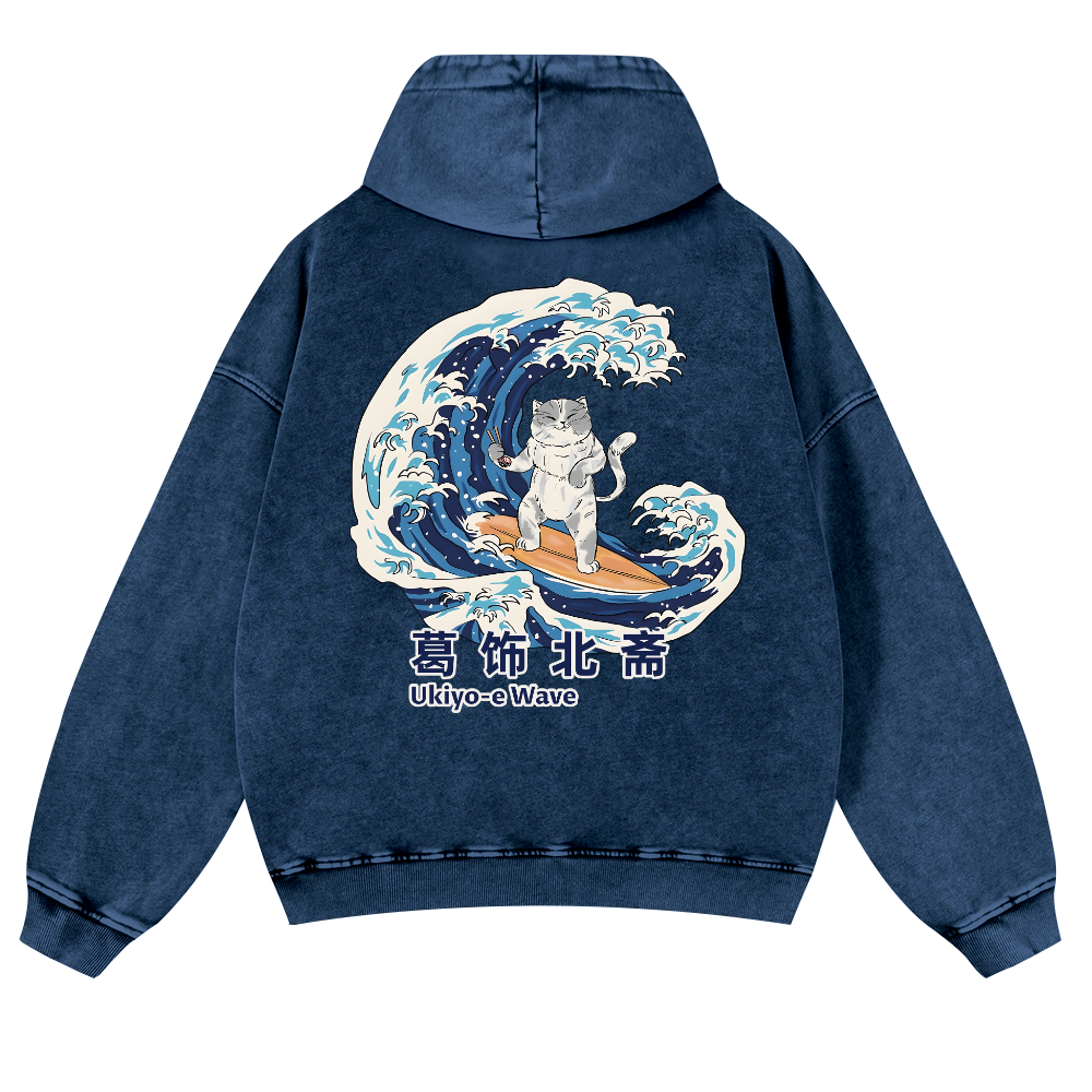 Ukiyoe Wave Cat Vintage Washed Cotton Back Art Hoodie