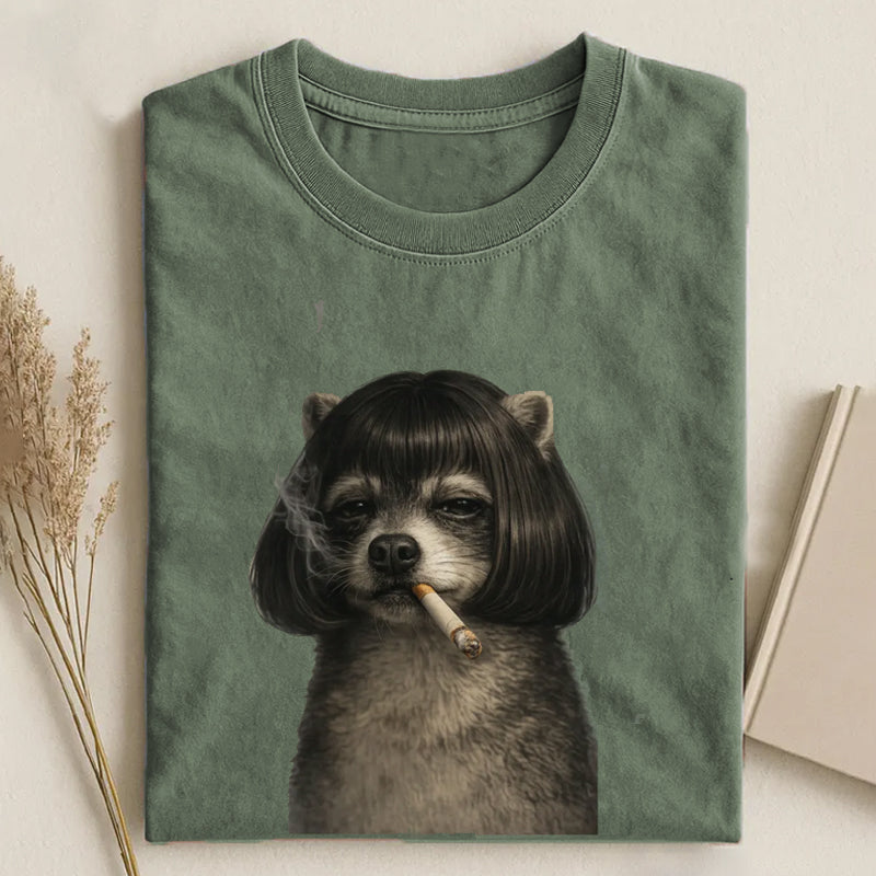 Unisex Classic Cotton Smoking Raccoon Printed Folded T-shirt