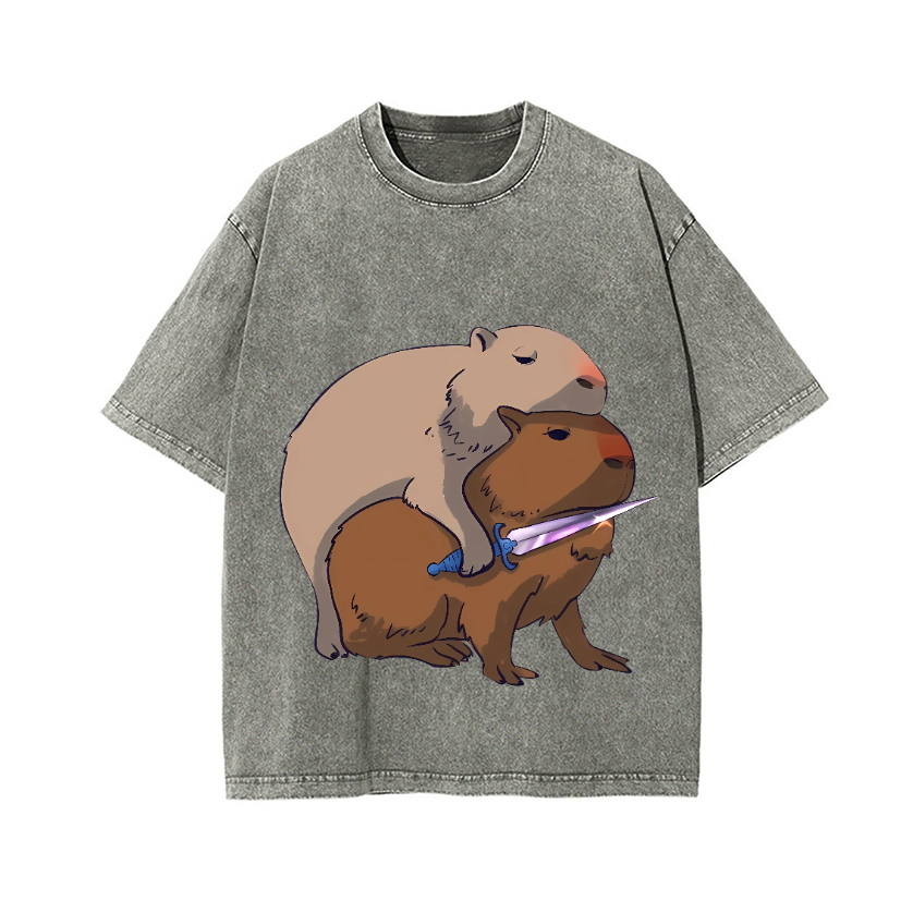 Capybaras and the Mysterious Sword Vintage Wash Japanese Design T-Shirt