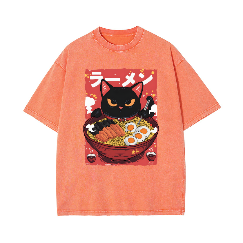 Ramen Black Cat Vintage Wash Japanese Design T-Shirt