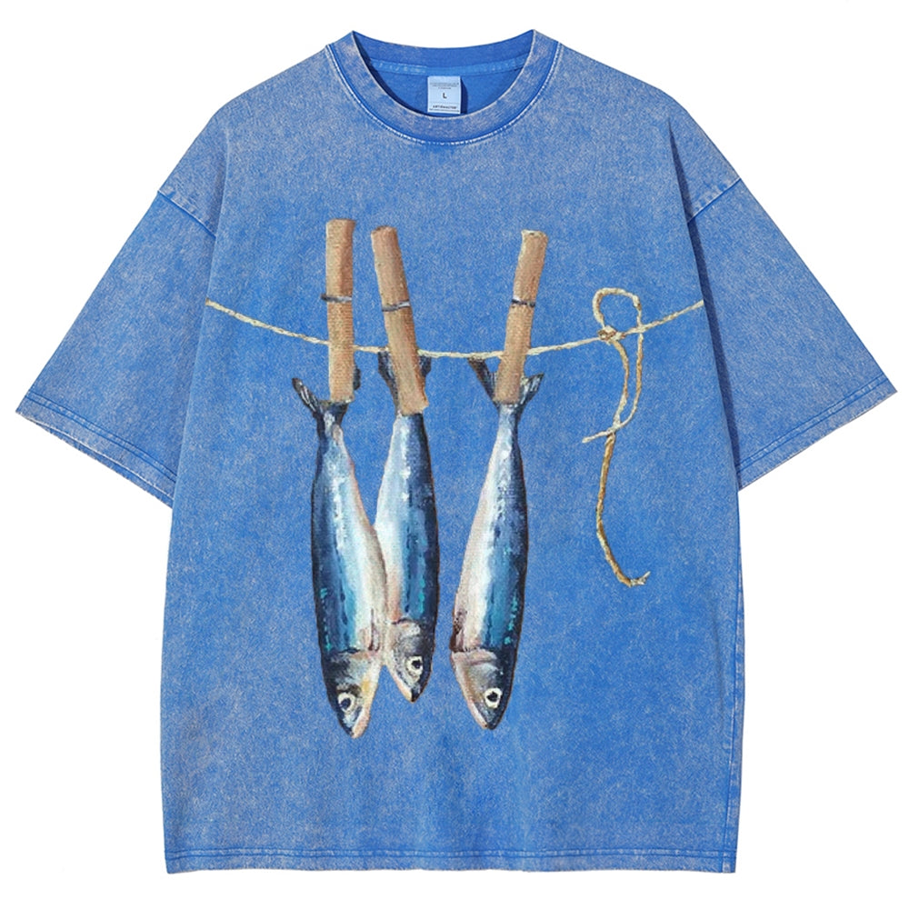 Unisex Sardines Printed Casual Washed T-shirt