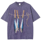 Unisex Sardines Printed Casual Washed T-shirt